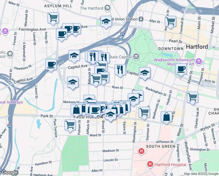 map of restaurants, bars, coffee shops, grocery stores, and more near 63 Hungerford Street in Hartford