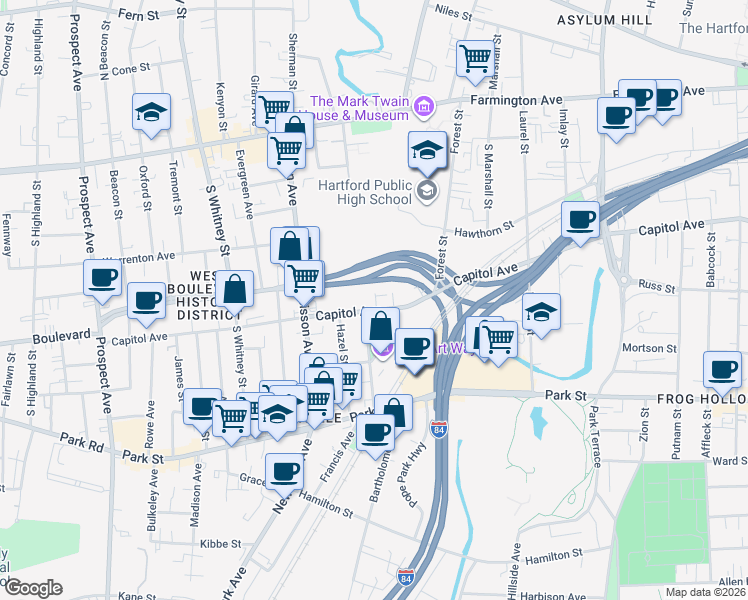 map of restaurants, bars, coffee shops, grocery stores, and more near 808 Capitol Avenue in Hartford