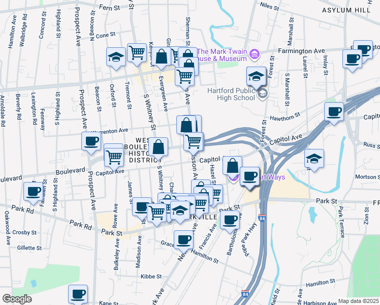map of restaurants, bars, coffee shops, grocery stores, and more near 118 Sisson Avenue in Hartford