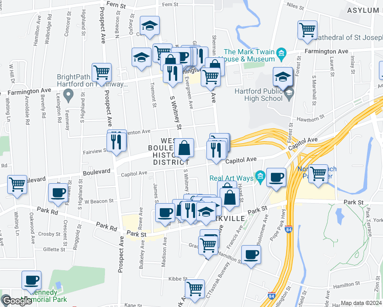 map of restaurants, bars, coffee shops, grocery stores, and more near 890 West Boulevard in Hartford