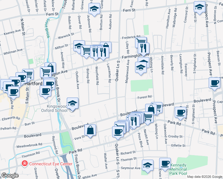 map of restaurants, bars, coffee shops, grocery stores, and more near 85 Lancaster Road in West Hartford