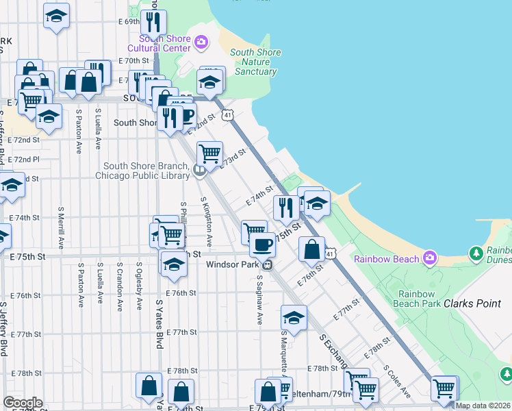 map of restaurants, bars, coffee shops, grocery stores, and more near 7415 South Coles Avenue in Chicago
