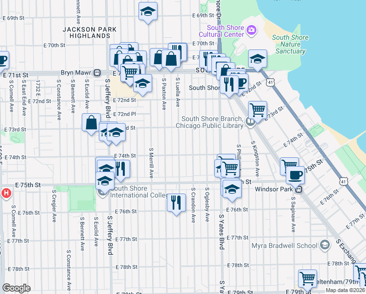 map of restaurants, bars, coffee shops, grocery stores, and more near 7339 South Luella Avenue in Chicago