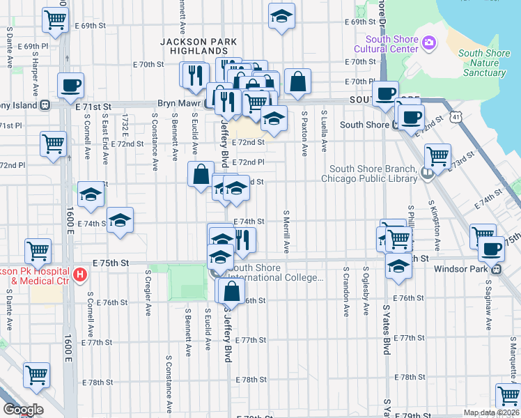map of restaurants, bars, coffee shops, grocery stores, and more near 7333 South Chappel Avenue in Chicago