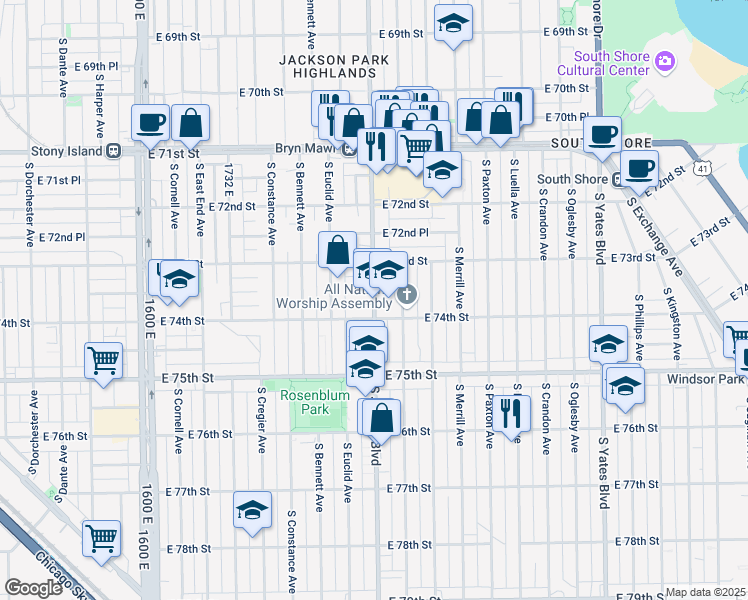 map of restaurants, bars, coffee shops, grocery stores, and more near 7304 South Jeffery Boulevard in Chicago