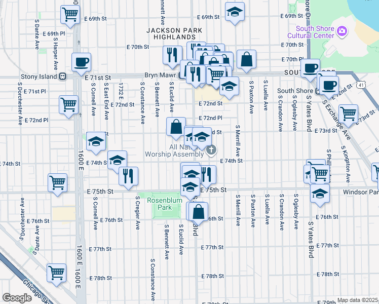 map of restaurants, bars, coffee shops, grocery stores, and more near 7304 South Jeffery Boulevard in Chicago