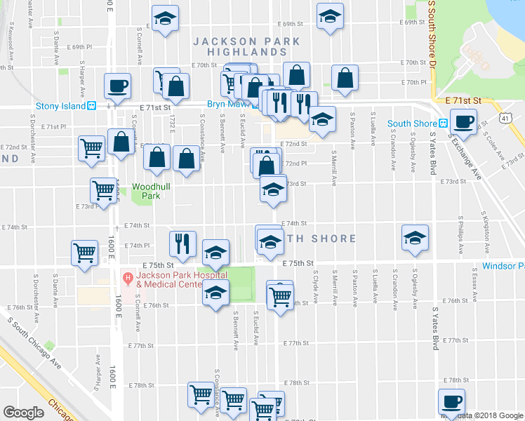 map of restaurants, bars, coffee shops, grocery stores, and more near 7333 South Euclid Avenue in Chicago