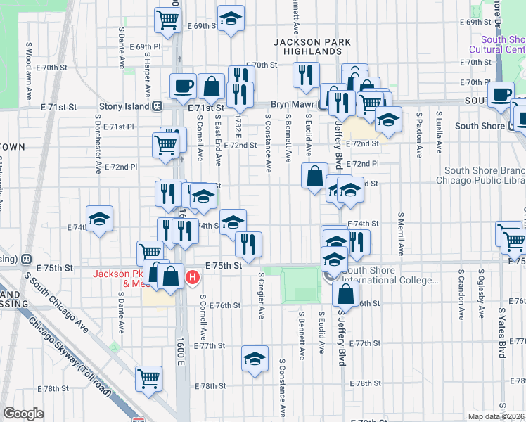 map of restaurants, bars, coffee shops, grocery stores, and more near 7328 South Constance Avenue in Chicago
