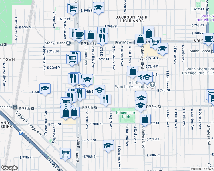 map of restaurants, bars, coffee shops, grocery stores, and more near 1739 East 73rd Place in Chicago