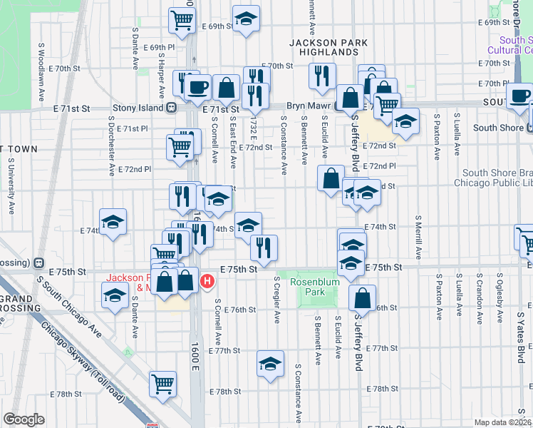 map of restaurants, bars, coffee shops, grocery stores, and more near 1739 East 73rd Place in Chicago