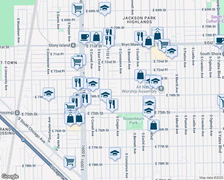 map of restaurants, bars, coffee shops, grocery stores, and more near 1739 East 73rd Place in Chicago