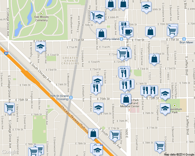 map of restaurants, bars, coffee shops, grocery stores, and more near 7330 South Dorchester Avenue in Chicago