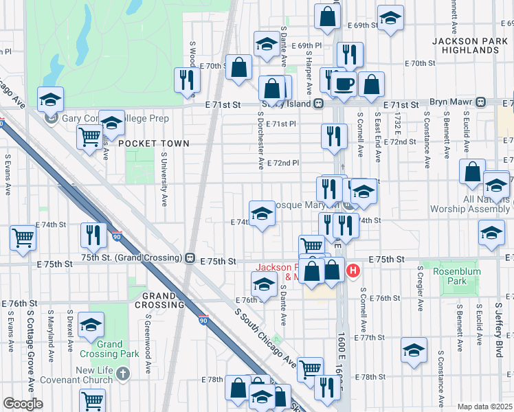 map of restaurants, bars, coffee shops, grocery stores, and more near 7330 South Dorchester Avenue in Chicago