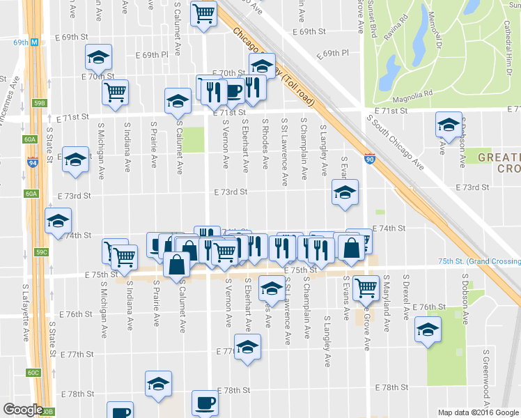 map of restaurants, bars, coffee shops, grocery stores, and more near 7320 South Rhodes Avenue in Chicago
