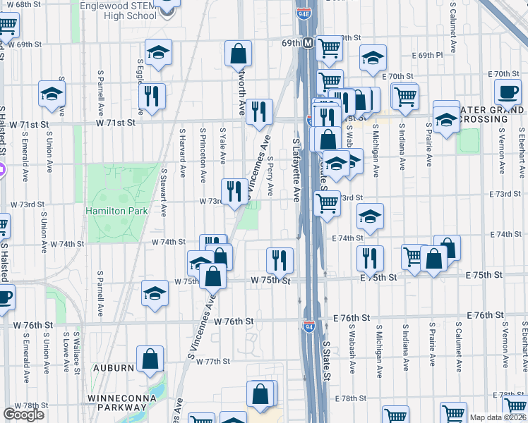 map of restaurants, bars, coffee shops, grocery stores, and more near 7306 South Perry Avenue in Chicago
