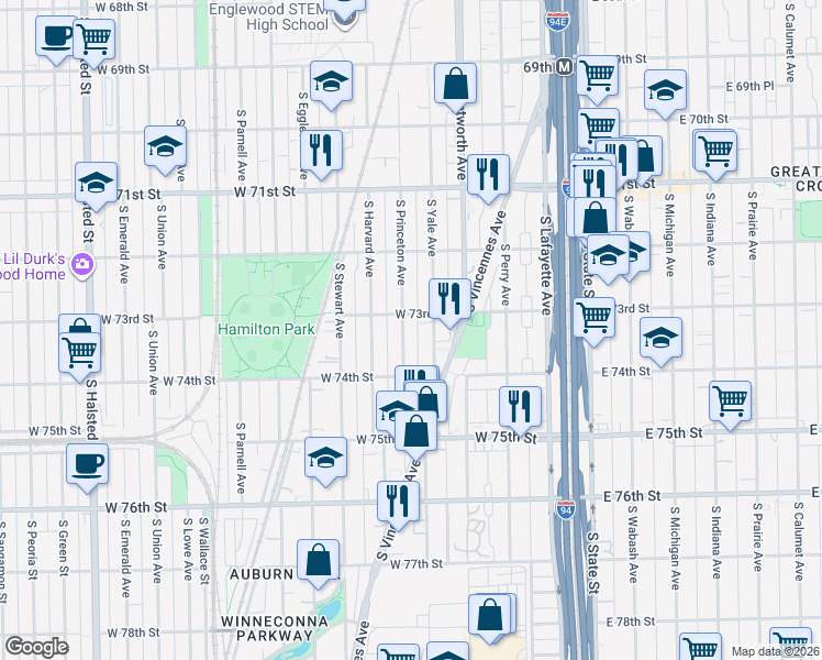 map of restaurants, bars, coffee shops, grocery stores, and more near 7302 South Yale Avenue in Chicago