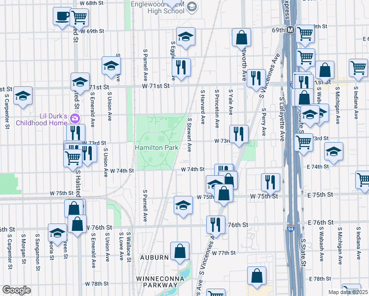 map of restaurants, bars, coffee shops, grocery stores, and more near 7309 South Stewart Avenue in Chicago