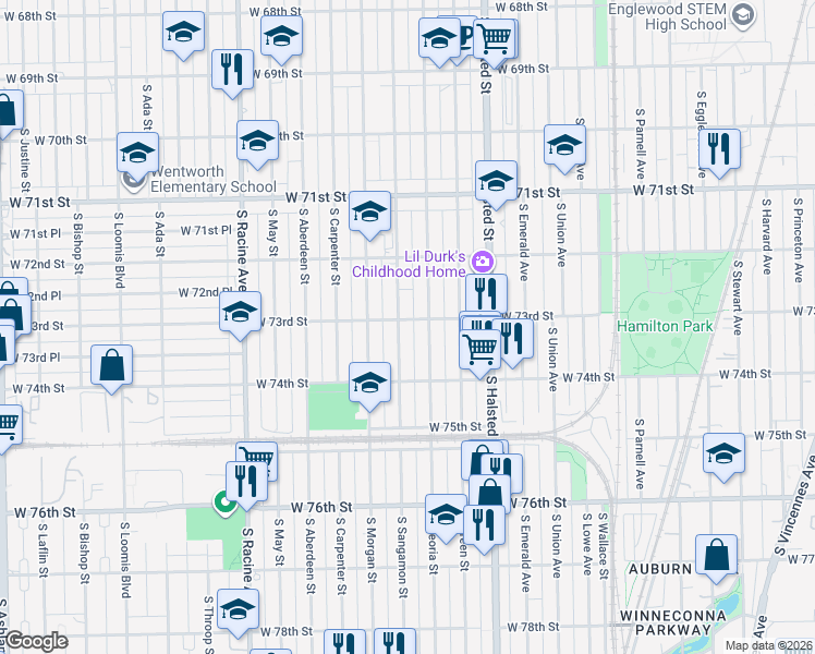 map of restaurants, bars, coffee shops, grocery stores, and more near 944 West 73rd Street in Chicago