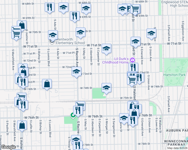 map of restaurants, bars, coffee shops, grocery stores, and more near 7258 South Carpenter Street in Chicago
