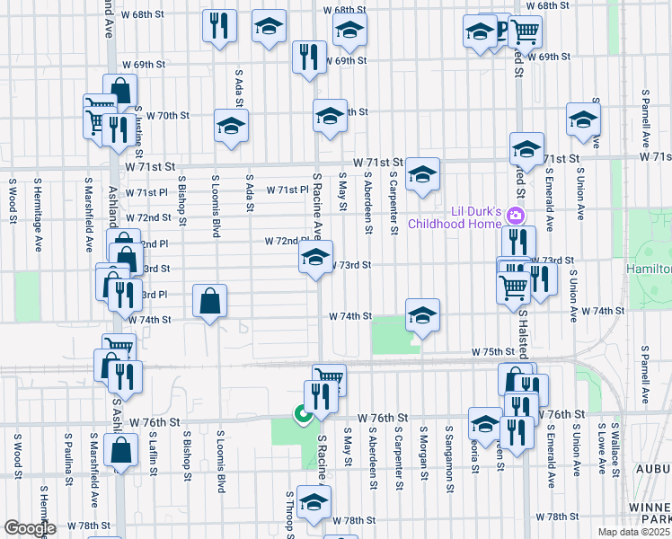 map of restaurants, bars, coffee shops, grocery stores, and more near 7259 South May Street in Chicago