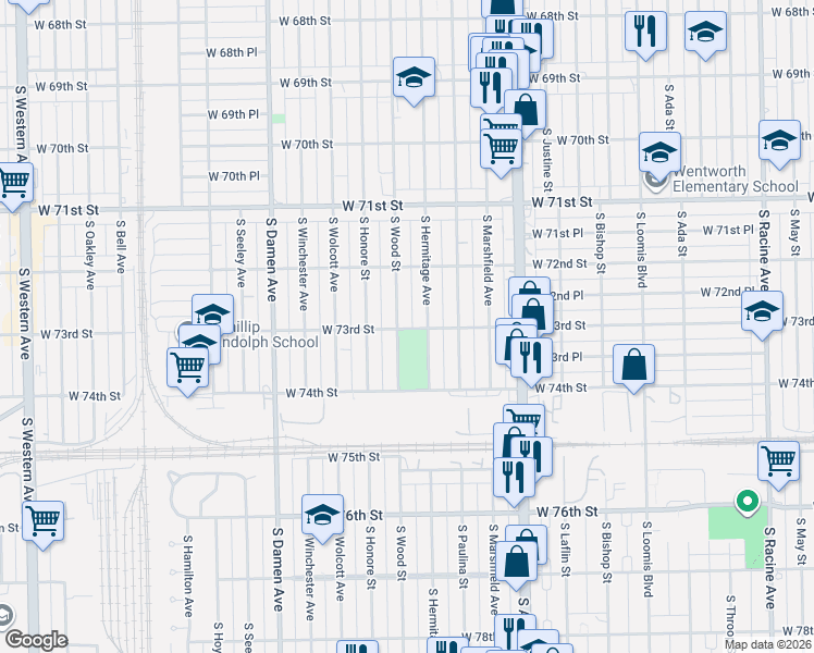 map of restaurants, bars, coffee shops, grocery stores, and more near 7256 South Hermitage Avenue in Chicago