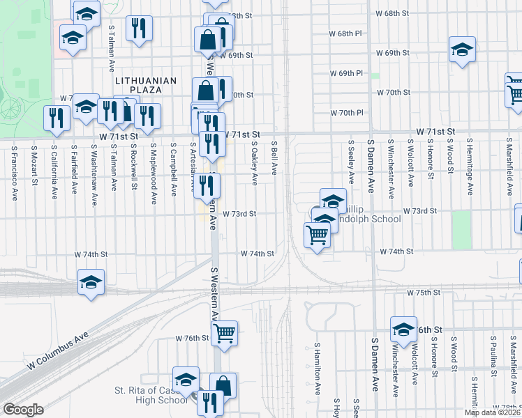 map of restaurants, bars, coffee shops, grocery stores, and more near 7246 South Oakley Avenue in Chicago