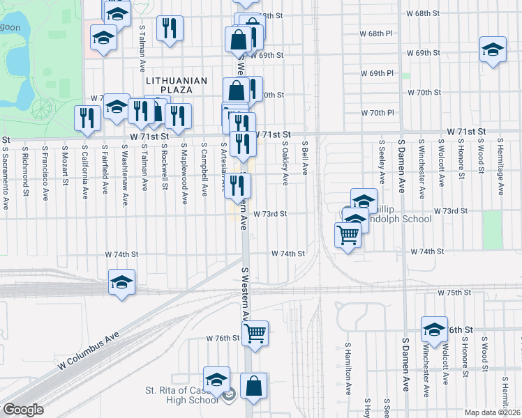 map of restaurants, bars, coffee shops, grocery stores, and more near 7249 South Western Avenue in Chicago