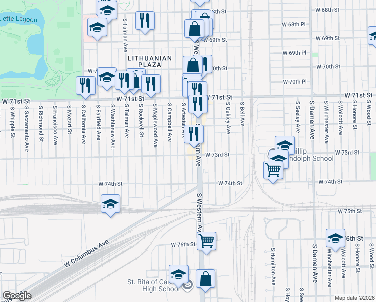 map of restaurants, bars, coffee shops, grocery stores, and more near 7245 South Artesian Avenue in Chicago