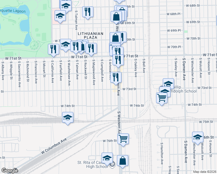map of restaurants, bars, coffee shops, grocery stores, and more near 7245 South Artesian Avenue in Chicago