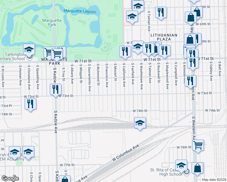 map of restaurants, bars, coffee shops, grocery stores, and more near 7238 South Mozart Street in Chicago
