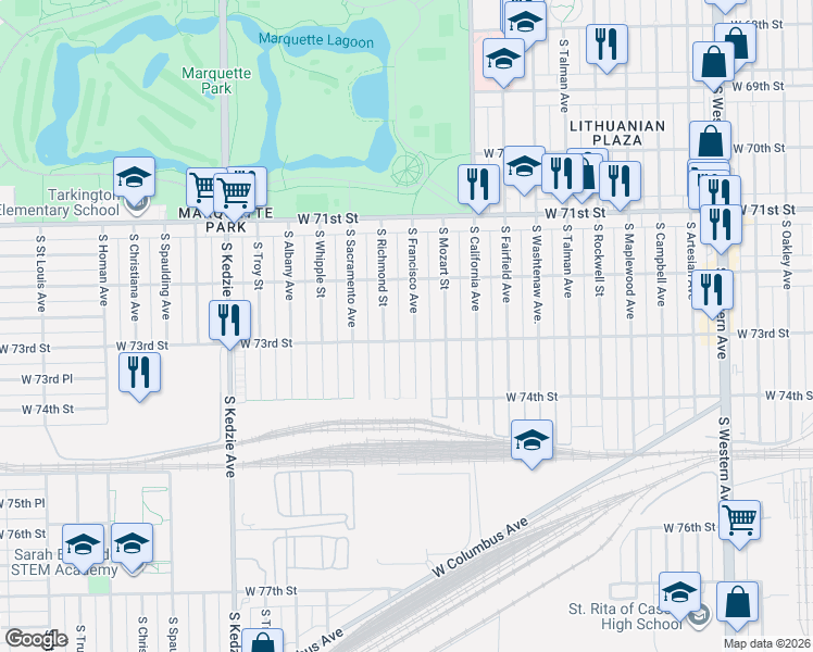 map of restaurants, bars, coffee shops, grocery stores, and more near 7234 South Francisco Avenue in Chicago