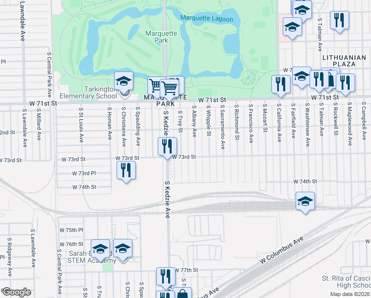 map of restaurants, bars, coffee shops, grocery stores, and more near 7236 South Albany Avenue in Chicago