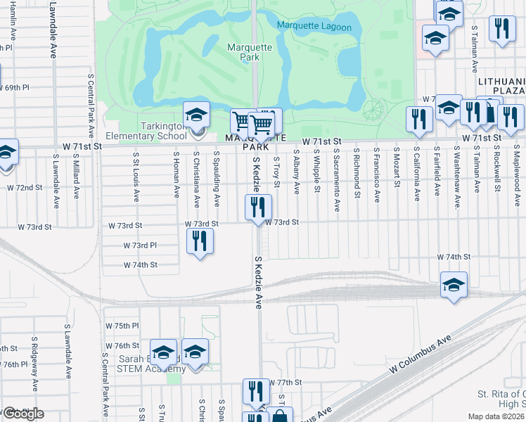 map of restaurants, bars, coffee shops, grocery stores, and more near 7234 South Troy Street in Chicago
