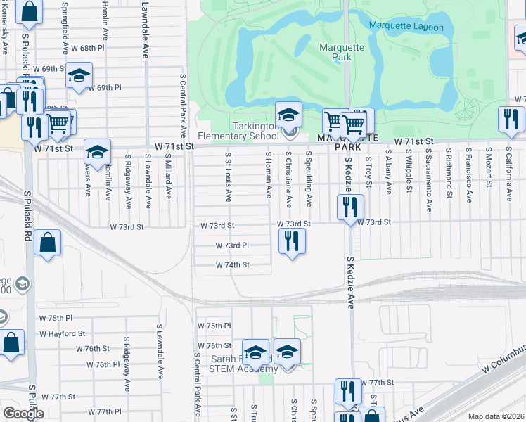 map of restaurants, bars, coffee shops, grocery stores, and more near 3407 West 72nd Place in Chicago