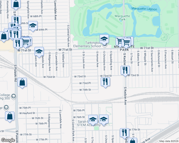 map of restaurants, bars, coffee shops, grocery stores, and more near 3449 West 72nd Place in Chicago