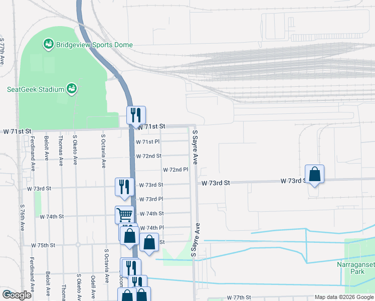 map of restaurants, bars, coffee shops, grocery stores, and more near 7001 West 71st Place in Chicago