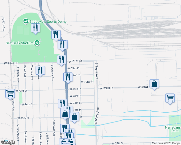 map of restaurants, bars, coffee shops, grocery stores, and more near 7027 West 71st Place in Chicago