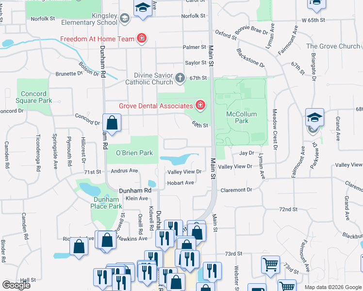 map of restaurants, bars, coffee shops, grocery stores, and more near 1121 Parker Avenue in Downers Grove