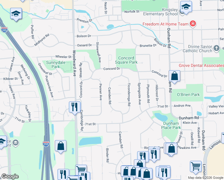 map of restaurants, bars, coffee shops, grocery stores, and more near 6867 Camden Road in Downers Grove