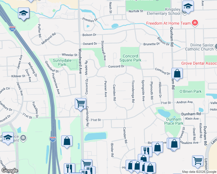 map of restaurants, bars, coffee shops, grocery stores, and more near 6837 Penner Avenue in Downers Grove