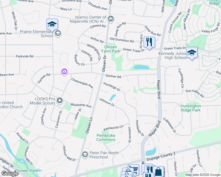 map of restaurants, bars, coffee shops, grocery stores, and more near 813 Huntleigh Drive in Naperville