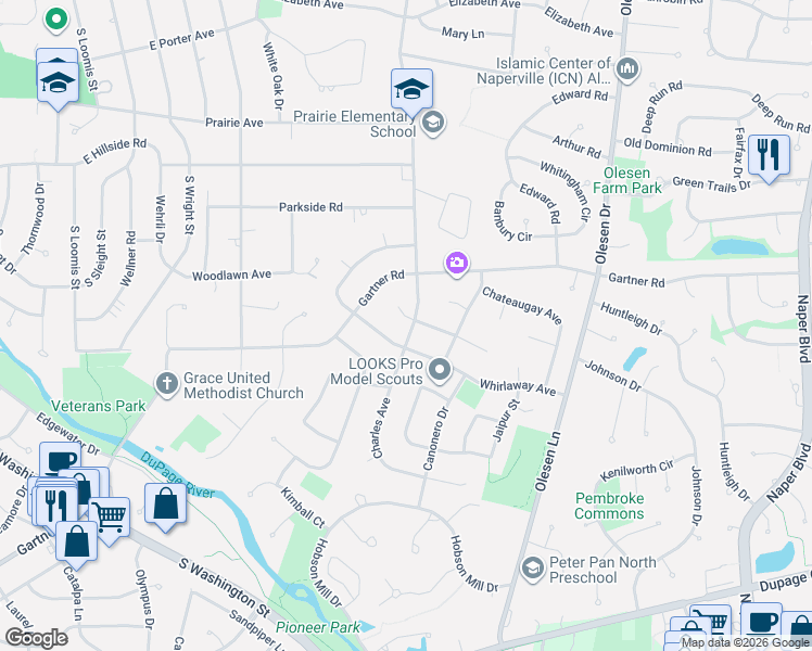 map of restaurants, bars, coffee shops, grocery stores, and more near 1082 Challdon Court in Naperville