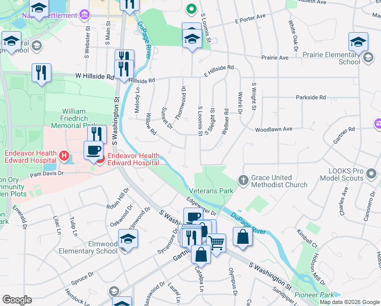 map of restaurants, bars, coffee shops, grocery stores, and more near 824 Santa Maria Drive in Naperville