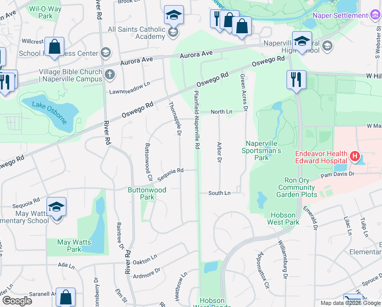 map of restaurants, bars, coffee shops, grocery stores, and more near 7S428 Plainfield-Naperville Road in Naperville
