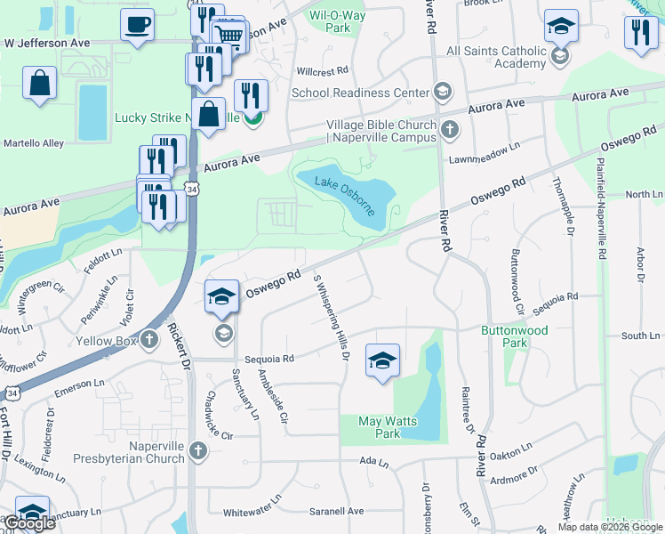 map of restaurants, bars, coffee shops, grocery stores, and more near 1408 Oswego Road in Naperville