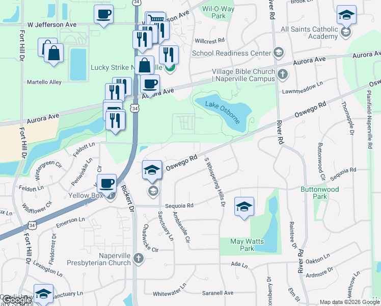 map of restaurants, bars, coffee shops, grocery stores, and more near 1515 Watkins Lane in Naperville