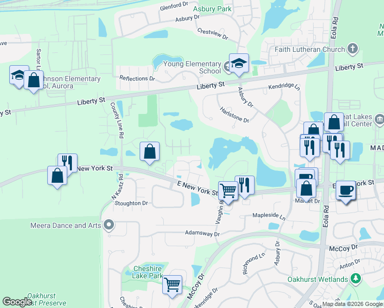 map of restaurants, bars, coffee shops, grocery stores, and more near 438 Jamestown Court in Aurora