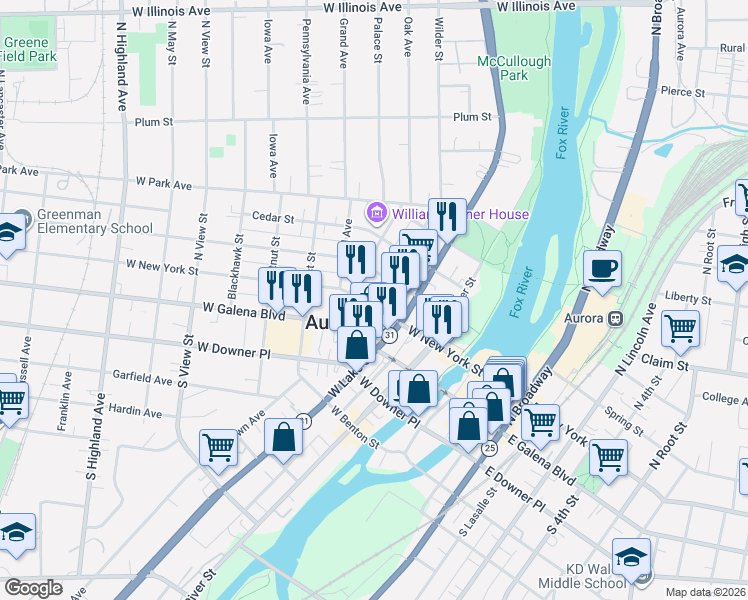 map of restaurants, bars, coffee shops, grocery stores, and more near 118 1/2 Wilder Street in Aurora