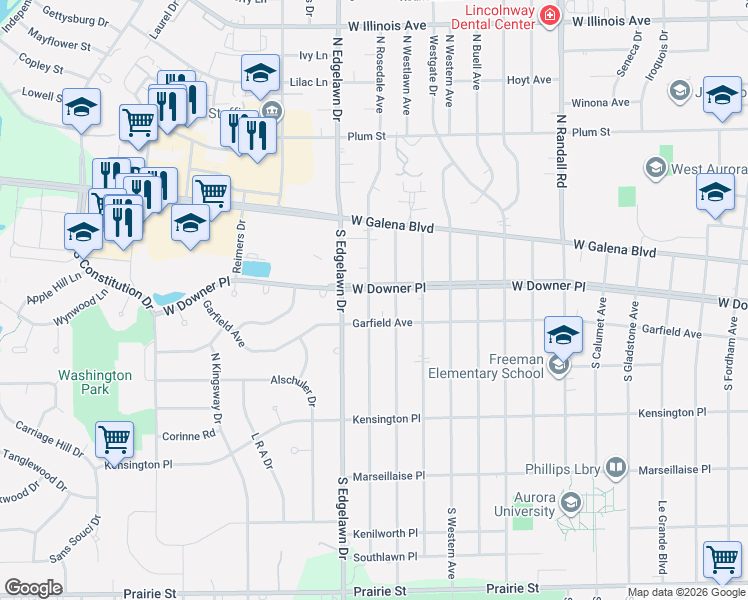map of restaurants, bars, coffee shops, grocery stores, and more near 1710 West Downer Place in Aurora