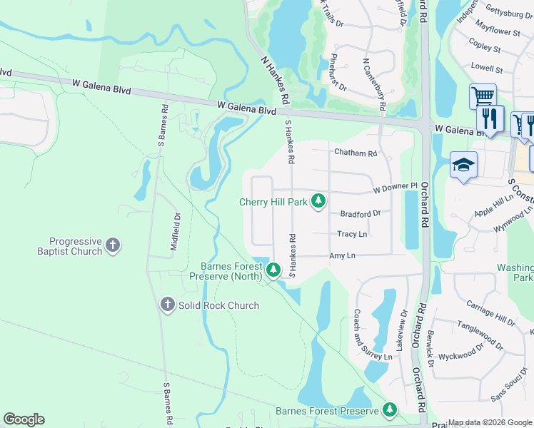 map of restaurants, bars, coffee shops, grocery stores, and more near 64 Blackberry Trail in Aurora